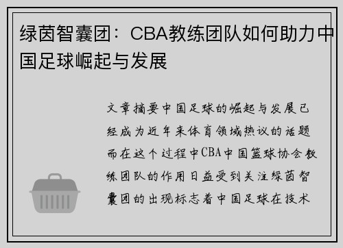 绿茵智囊团：CBA教练团队如何助力中国足球崛起与发展